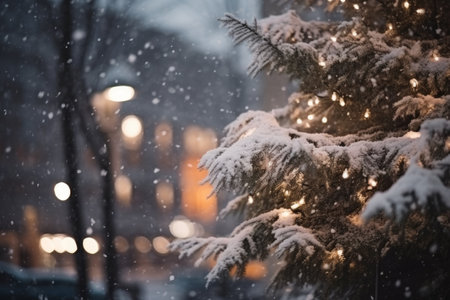 Christmas tree branches covered with snow and bokeh lights on backgroundの素材