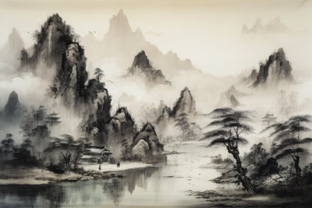 Landscape of mountain and lake with fog. Digital art painting.の素材