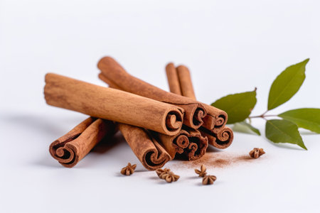Cinnamon sticks and cinnamon powder on a white background. Selective focusの素材
