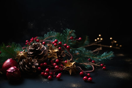 Christmas background with fir branches, pine cones and red berries on black backgroundの素材