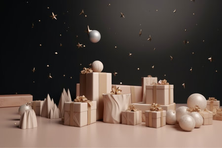 Christmas background with gift boxes and christmas balls. 3d renderingの素材