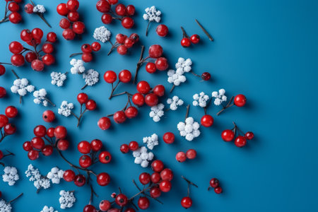 Red berries and white snowflakes on blue background. Flat lay, top viewの素材