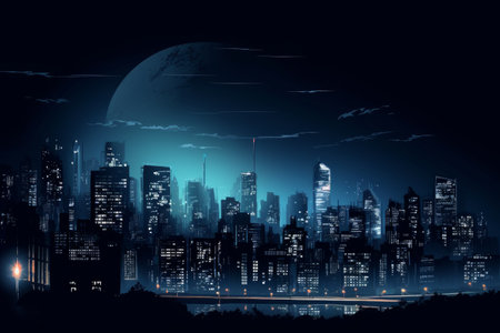 Night cityscape with full moon and urban skyscrapers, illustrationの素材