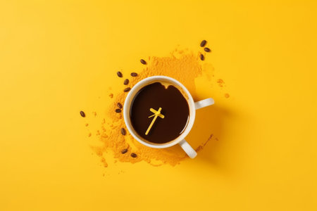 Cup of coffee with christian cross on yellow background, top viewの素材