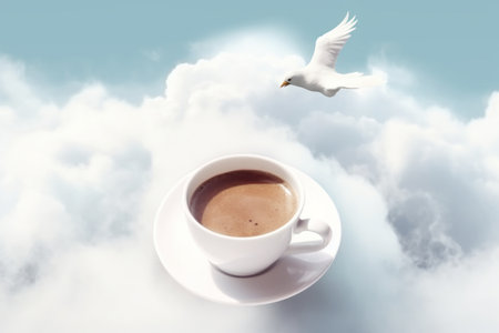 Coffee cup and flying bird on sky background. Mixed mediaの素材