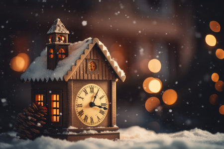 Wooden toy house with clock on the snow. Christmas and New Year concept.の素材