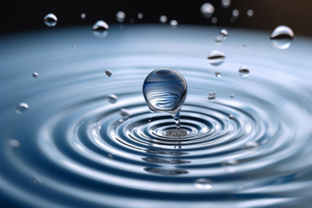 Water drop falling into water with ripples and waves on the surfaceの素材