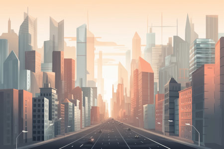 Cityscape with highway and skyscrapers at sunset. Vector illustrationの素材