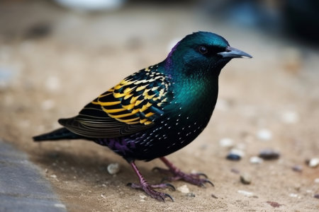close up shot of a common starling bird on the ground in the parkの素材