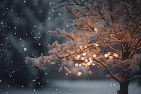 Winter landscape with snow-covered tree and lights. Christmas background.の素材