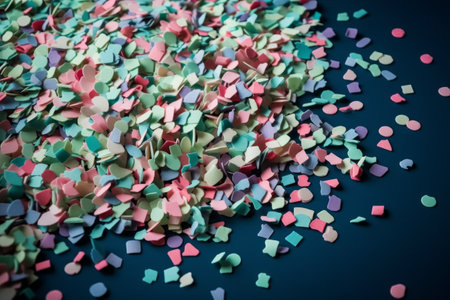Colorful confetti on dark background. Selective focus. Toned.の素材