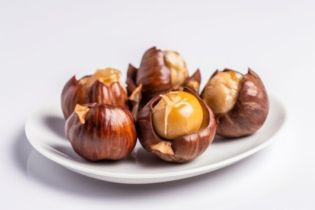 Roasted chestnuts on a white plate on a white background.の素材