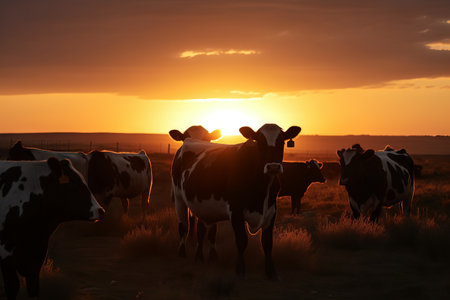 Herd of cows grazing in the field at sunset. Animal husbandry.の素材