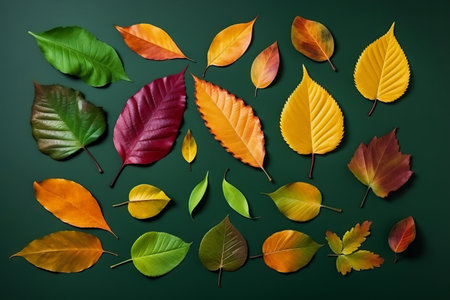 Colorful autumn leaves on green background, top view. Flat layの素材