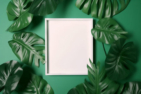 White frame with monstera leaves on green background. Flat lay, top view.の素材