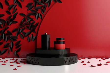 3d render of black podium with rose petals on red backgroundの素材