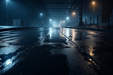 Rainy wet road at night. Heavy rain on the road.の素材