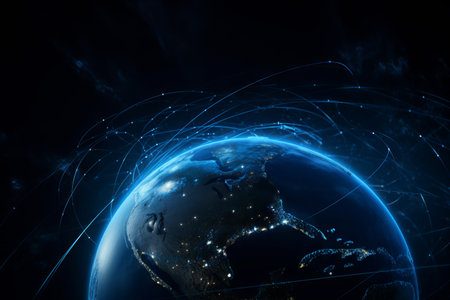 North America from space. Planet Earth with international network representing communication, travel and connections. 3D illustration.の素材