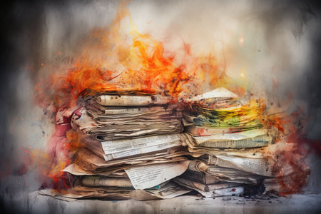 Pile of old newspapers burning in the fire. Conceptual imageの素材