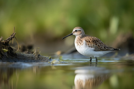 Dunlin, Calidris alba, single bird in water, Warwickshireの素材
