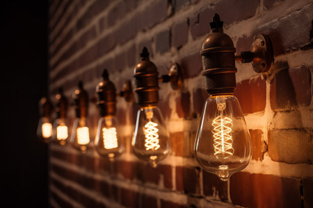 Vintage Edison light bulbs on brick wall background. Idea concept.の素材
