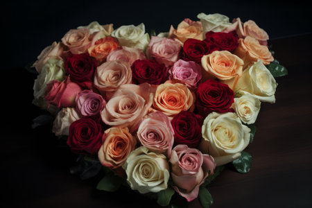 Beautiful bouquet of roses in different colors on a dark backgroundの素材
