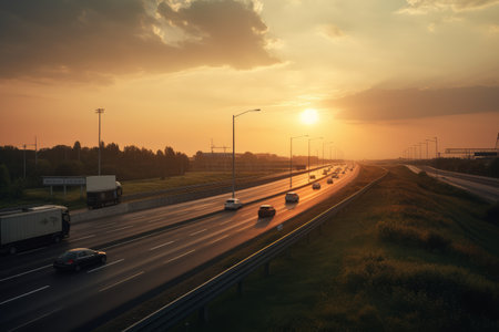 Traffic on the highway at sunset. Concept of speed and movement.の素材