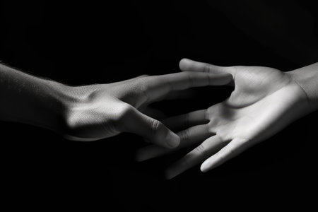 Black and white photo of two hands reaching towards each other, on a black backgroundの素材