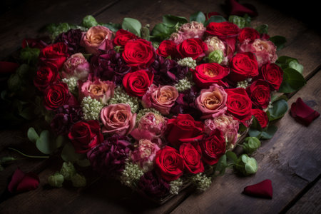 Bouquet of red and pink roses on a wooden table.の素材