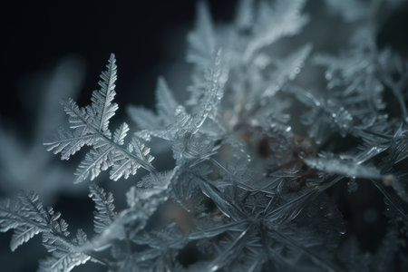 Close-up of frost on the leaves of a plant in the winterの素材