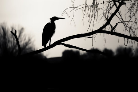 Silhouette of a heron on a tree branch at sunsetの素材