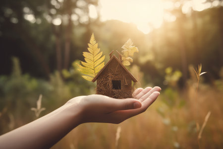 Hand holding a wooden house on nature background. Save the world concept.の素材