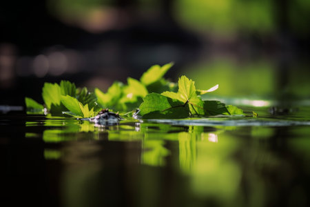 Green leaves on the surface of the water. Shallow depth of field.の素材