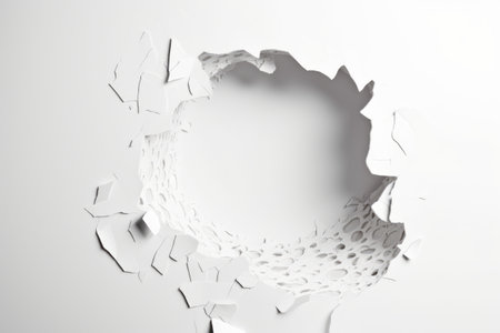White cracked hole in white wall. 3d render illustration. Hole in paper.の素材