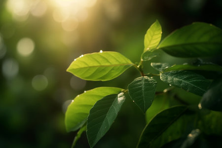 Green leaves with sunlight in the morning. Natural background and wallpaper.の素材