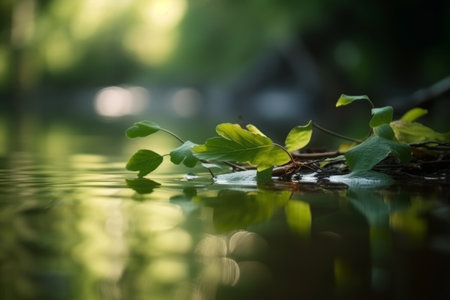green leaves on the water surface in the forest with bokehの素材