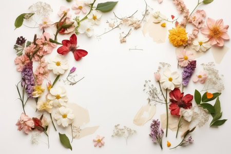 Flowers composition. Frame made of flowers on white background. Flat lay, top view, copy spaceの素材
