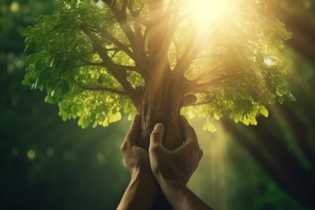 Hands holding a tree in the forest with sunbeams.の素材