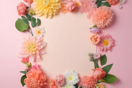 Flowers composition. Frame made of flowers on pastel pink background. Flat lay, top view, copy spaceの素材