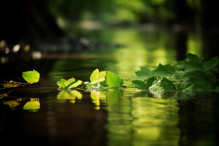 Green leaves on the water in the forest. Shallow depth of field.の素材