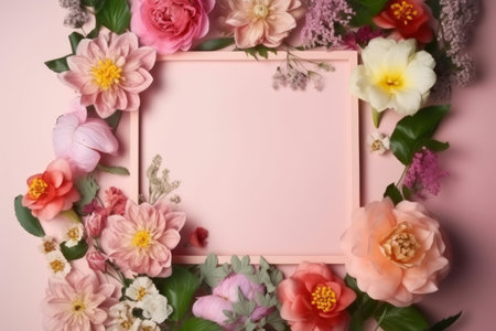 Flowers composition. Frame made of flowers on pink background. Flat lay, top view, copy spaceの素材