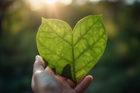 Hand holding green leaf with sunlight in the morning, nature background.の素材