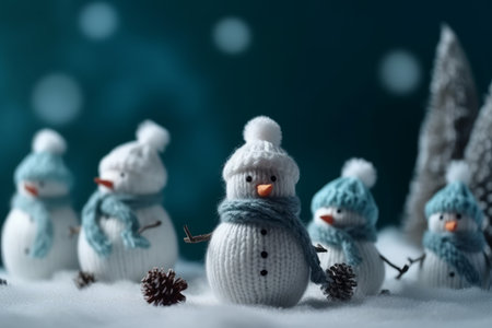 Christmas and New Year concept. Snowman made of knitted wool on snow background.の素材