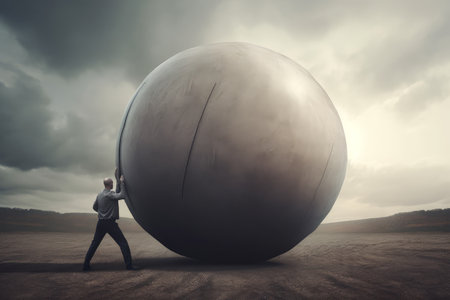 Businessman pushing big stone ball on the field. 3D Renderingの素材