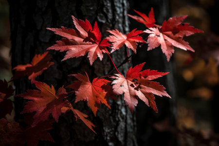 Red maple leaves on tree trunk in autumn forest. Shallow depth of fieldの素材