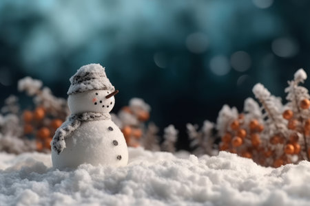 Snowman on snow with bokeh background. Christmas and New Year concept.の素材