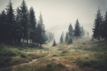 Misty mountain landscape with meadows and pine trees in foggy morningの素材