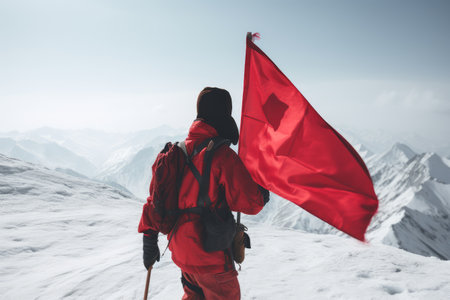 Hiker with red flag in snowy mountains. Trekking in Himalayasの素材