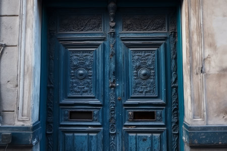 Blue wooden door in the old town of Lviv, Ukraine.の素材