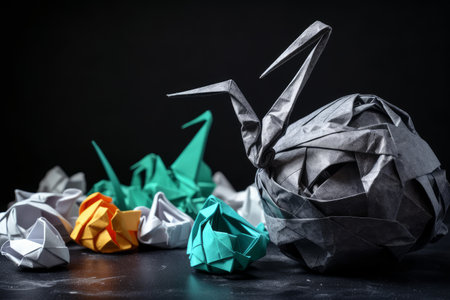 Set of origami crumpled paper balls and rabbit on black backgroundの素材